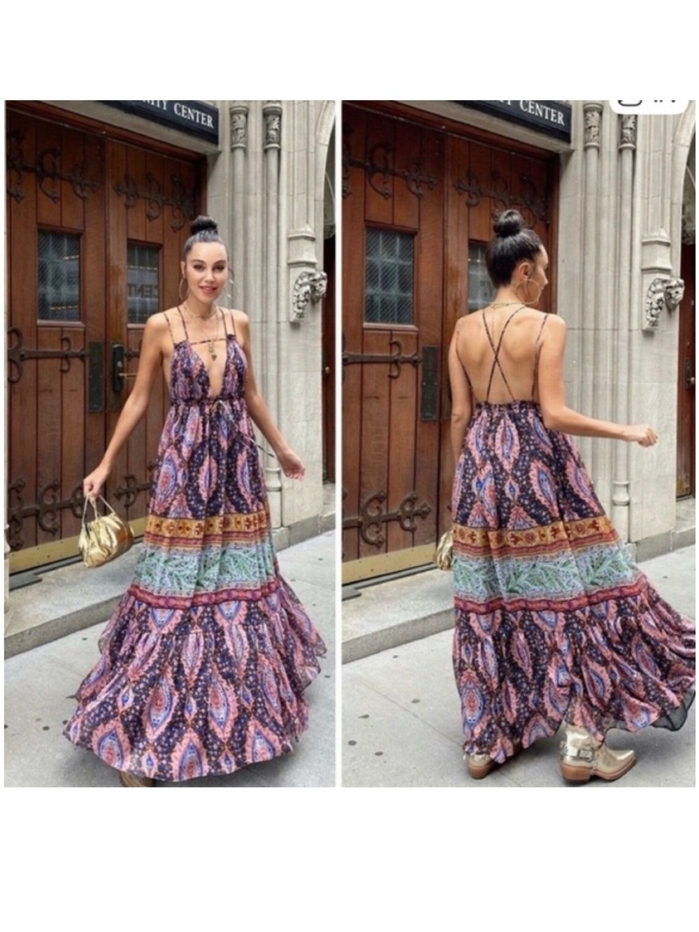 ZARA Limited Edition Voluminous Maxi Boho Paisley Adj Criss-Cross Strap Dress XS